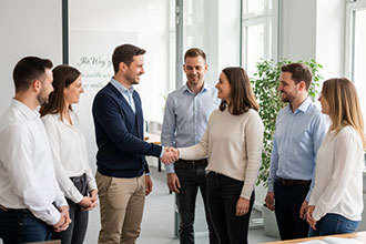Zwei Personen geben sich die Hand, w&auml;hrend Kolleginnen und Kollegen daneben freundlich zusehen.