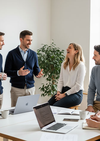 F&uuml;nf Personen stehen und sitzen in einem hellen B&uuml;ro und unterhalten sich gut gelaunt miteinander.