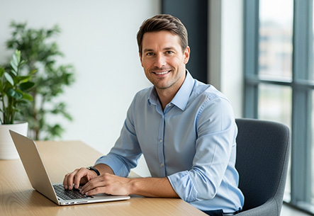 Ein Mann sitzt l&auml;chelnd am Schreibtisch.
