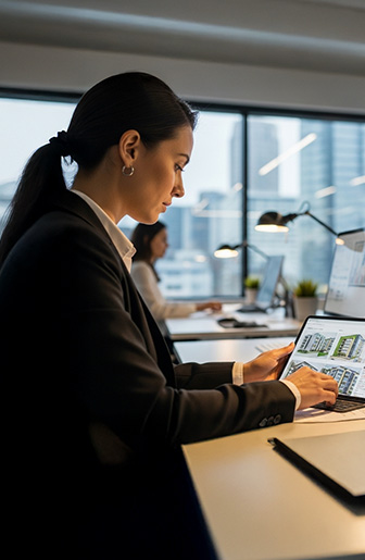 Eine Gesch&auml;ftsfrau betrachtet Architektur-Visualisierungen auf einem Tablet in einem hellen B&uuml;ro.