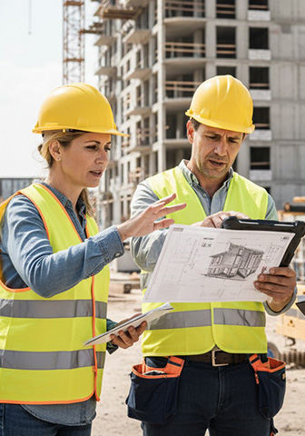Zwei Bauingenieure mit Helmen und Sicherheitswesten besprechen Baupl&auml;ne vor einem Rohbau.