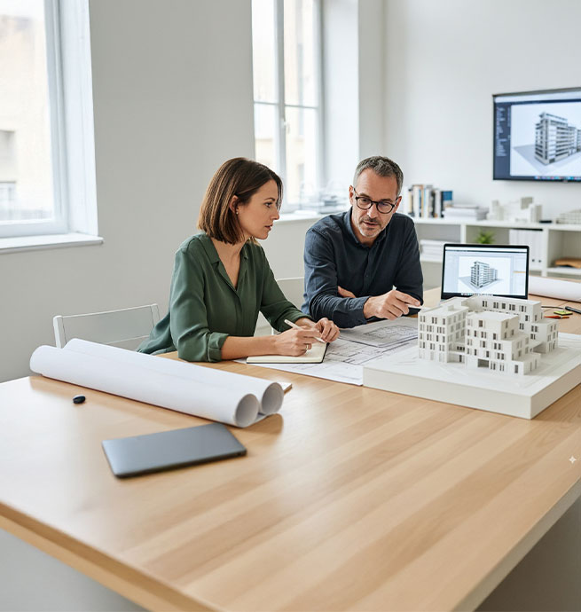 Zwei Architekten sitzen gemeinsam am Tisch, besprechen Baupl&auml;ne und Modelle f&uuml;r ein Bauprojekt.