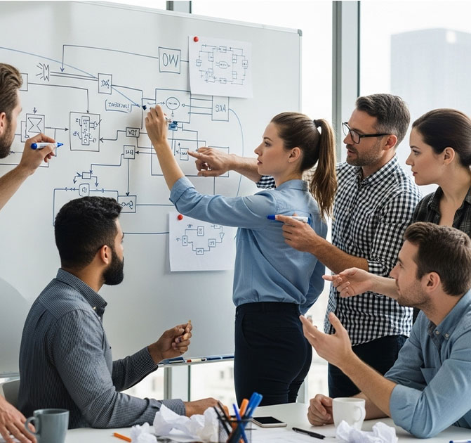 Eine Gruppe junger Fachkr&auml;fte diskutiert an einem Whiteboard technische Zeichnungen und Abl&auml;ufe im Engineering-Bereich.