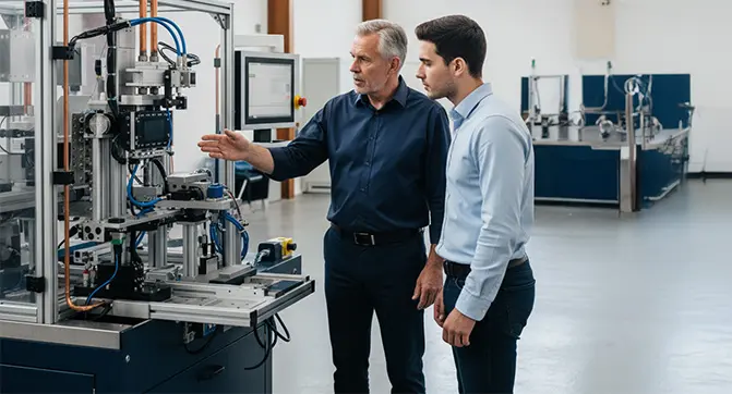 2 Personen an einen elektrischen Ger&auml;t in einer Erkl&auml;rsituation