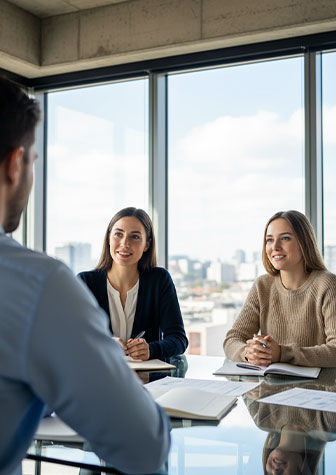 Zwei Frauen sitzen an einem Tisch und sprechen mit einem Bewerber.