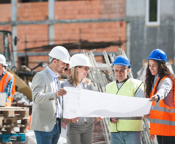 Vier Personen mit Schutzhelmen betrachten gemeinsam Baupl&auml;ne auf einer Baustelle.