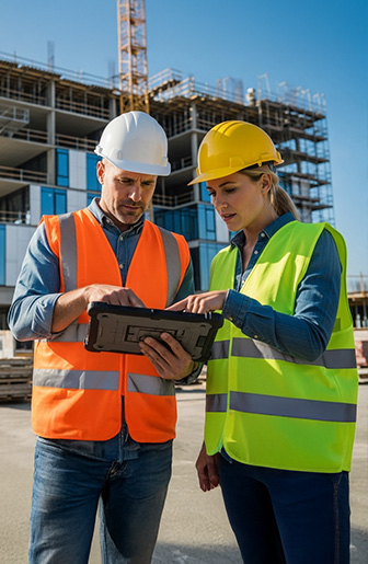 Checkup einer Baustelle auf dem Tablet